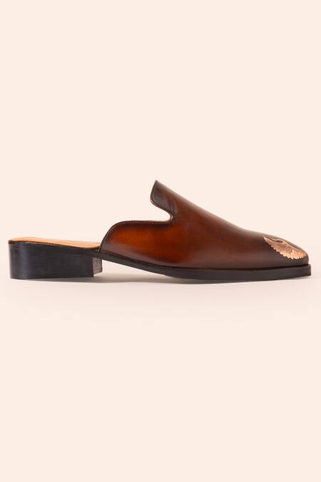 Buy_Amrit Dawani_Brown Leather Bird Embossed Mules Shoes_Online_at_Aza_Fashions