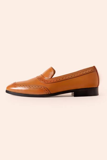 Amrit Dawani_Orange Brogue Leather Slip-on Shoes_Online_at_Aza_Fashions