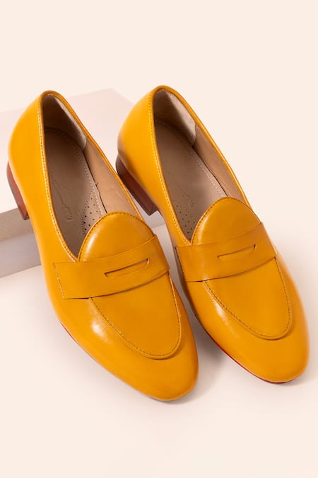 Amrit Dawani Yellow Leather Solid Slip On Loafers