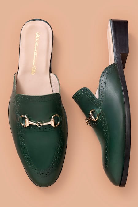 Shop_Amrit Dawani_Green Olive Leather Horsebit Mule Shoes _at_Aza_Fashions