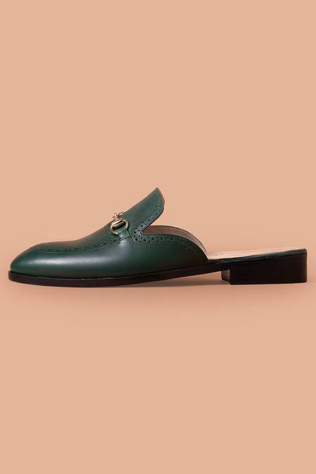 Amrit Dawani_Green Olive Leather Horsebit Mule Shoes _Online_at_Aza_Fashions