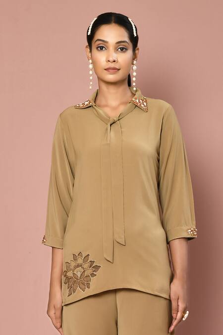 Shop_Naintara Bajaj_Beige Italian Fabric Floral Shirt Collar Motif Kurta And Pant Set _Online_at_Aza_Fashions