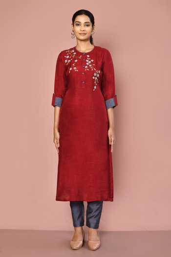 Buy_Naintara Bajaj_Maroon Dola Silk Floral Round Embroidered Straight Kurta And Pant Set _Online_at_Aza_Fashions