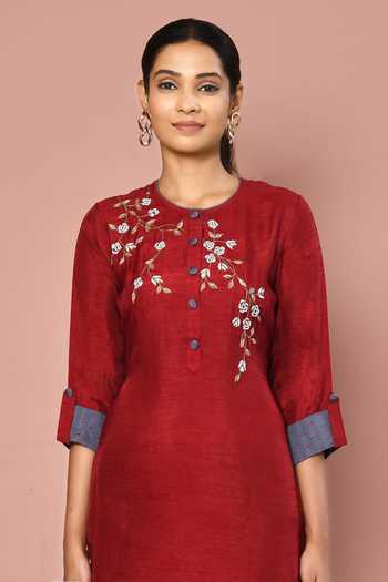 Shop_Naintara Bajaj_Maroon Dola Silk Floral Round Embroidered Straight Kurta And Pant Set _Online_at_Aza_Fashions