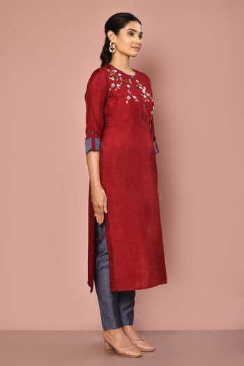 Naintara Bajaj_Maroon Dola Silk Floral Round Embroidered Straight Kurta And Pant Set _at_Aza_Fashions