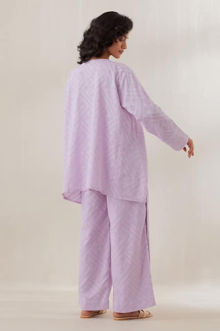 Shop Cupid Cotton Purple Jersey Embroidery Round Neck Crochet Top And Pant Set at Aza Fashions Shop_Cupid Cotton_Purple Jersey Embroidery Round Neck Crochet Top And Pant Set _at_Aza_Fashions