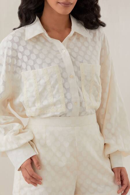 Shop_Cupid Cotton_Off White Jersey Lace, Embroidery Collared Polka Dot Shirt And Shorts Set_Online_at_Aza_Fashions