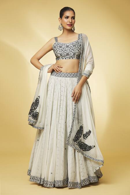 Punit Balana Ivory Chanderi, Handloom Cotton Embroidery, Mirrors Sweetheart Neck Lehenga Set at Aza Fashions Punit Balana_Ivory Chanderi, Handloom Cotton Embroidery, Mirrors Sweetheart Neck Lehenga Set _at_Aza_Fashions