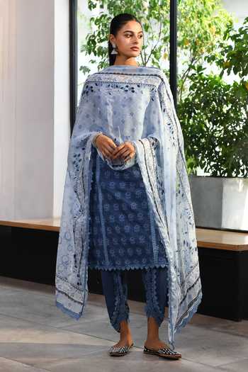 Shop_Mulmul_Blue 100% Pure Mulmul Embroidery Floral Round Neck Swansea Kurta Set _Online_at_Aza_Fashions