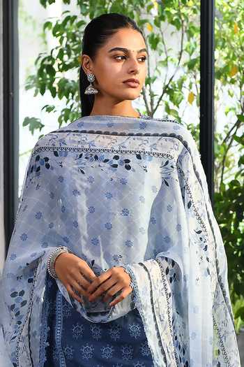 Mulmul_Blue 100% Pure Mulmul Embroidery Floral Round Neck Swansea Kurta Set _at_Aza_Fashions