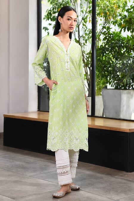 Buy_Mulmul_Green 100% Pure Mulmul Embroidery Eyelet V Perth Kurta With Pant _Online_at_Aza_Fashions