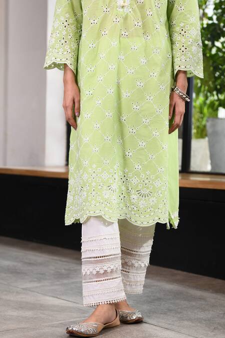 Shop_Mulmul_Green 100% Pure Mulmul Embroidery Eyelet V Perth Kurta With Pant _Online_at_Aza_Fashions