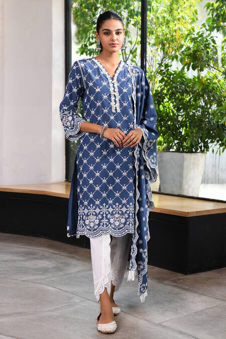 Mulmul Blue 100% Pure Mulmul Embroidery Eyelet V Neck Perth Jaal Kurta Set