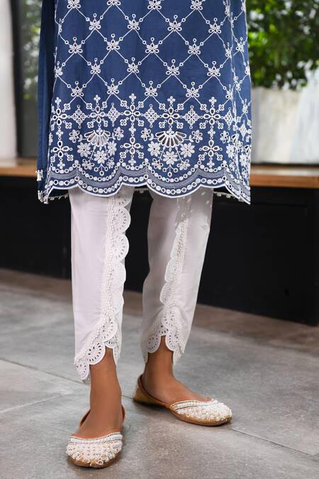 Shop_Mulmul_Blue 100% Pure Mulmul Embroidery Eyelet V Neck Perth Jaal Kurta Set _Online_at_Aza_Fashions