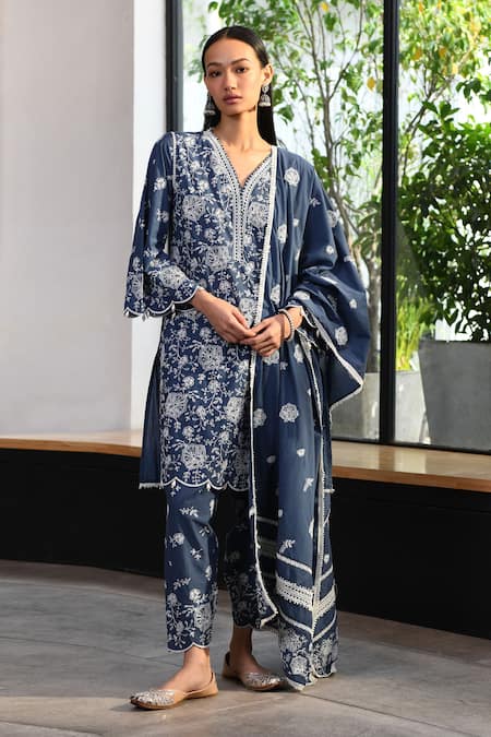 Shop_Mulmul_Blue 100% Pure Mulmul Embroidered And Norwich Work Kurta & Pant Set _at_Aza_Fashions