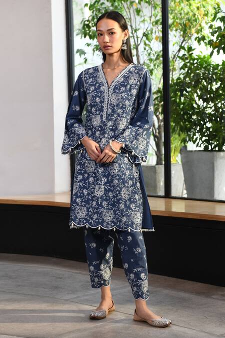 Buy_Mulmul_Blue 100% Pure Mulmul Embroidered And Norwich Work Kurta & Pant Set _Online_at_Aza_Fashions