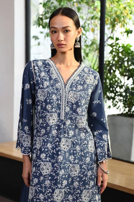 Shop_Mulmul_Blue 100% Pure Mulmul Embroidered And Norwich Work Kurta & Pant Set _Online_at_Aza_Fashions