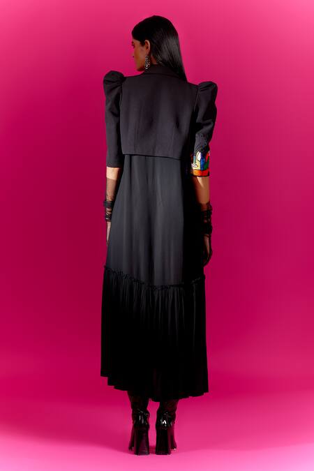 Shop Mini Sondhi Black Crepe Beads, Embroidery Collared Ganesha Applique Jacket And Slip Dress at Aza Fashions Shop_Mini Sondhi_Black Crepe Beads, Embroidery Collared Ganesha Applique Jacket And Slip Dress _at_Aza_Fashions
