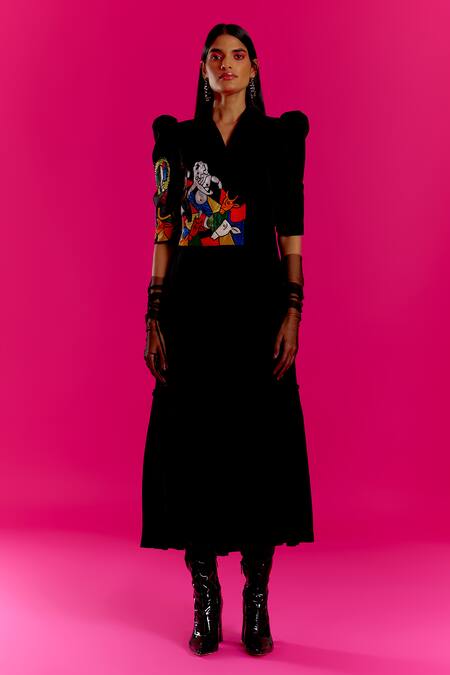 Buy Mini Sondhi Black Crepe Beads, Embroidery Collared Ganesha Applique Jacket And Slip Dress Online at Aza Fashions Buy_Mini Sondhi_Black Crepe Beads, Embroidery Collared Ganesha Applique Jacket And Slip Dress _Online_at_Aza_Fashions