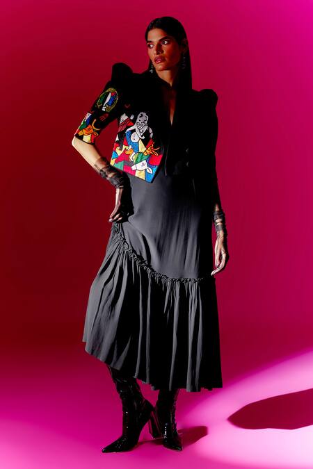 Shop Mini Sondhi Black Crepe Beads, Embroidery Collared Ganesha Applique Jacket And Slip Dress Online at Aza Fashions Shop_Mini Sondhi_Black Crepe Beads, Embroidery Collared Ganesha Applique Jacket And Slip Dress _Online_at_Aza_Fashions