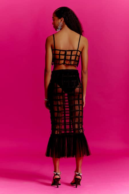 Shop Mini Sondhi Black Net, Blurry Eyes Trippy Vibes Embroidered Bustier And Pencil Skirt Set at Aza Fashions Shop_Mini Sondhi_Black Net, Blurry Eyes Trippy Vibes Embroidered Bustier And Pencil Skirt Set _at_Aza_Fashions