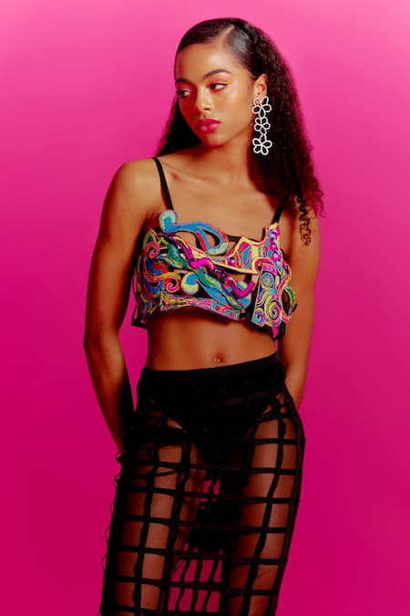 Mini Sondhi Black Net, Blurry Eyes Trippy Vibes Embroidered Bustier And Pencil Skirt Set Online at Aza Fashions Mini Sondhi_Black Net, Blurry Eyes Trippy Vibes Embroidered Bustier And Pencil Skirt Set _Online_at_Aza_Fashions