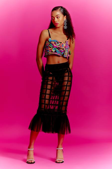 Shop Mini Sondhi Black Net, Blurry Eyes Trippy Vibes Embroidered Bustier And Pencil Skirt Set Online at Aza Fashions Shop_Mini Sondhi_Black Net, Blurry Eyes Trippy Vibes Embroidered Bustier And Pencil Skirt Set _Online_at_Aza_Fashions
