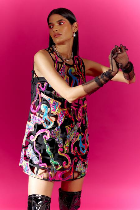 Buy Mini Sondhi Black Crepe, Blurry Eyes Trippy Vibes Embroidered Dress With Inner Skirt Set Online at Aza Fashions Buy_Mini Sondhi_Black Crepe, Blurry Eyes Trippy Vibes Embroidered Dress With Inner Skirt Set _Online_at_Aza_Fashions