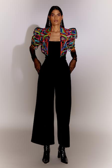 Mini Sondhi_Multi Color Crepe Beads, Applique Bricks Cut-out Cropped Jacket With Jumpsuit _Online_at_Aza_Fashions