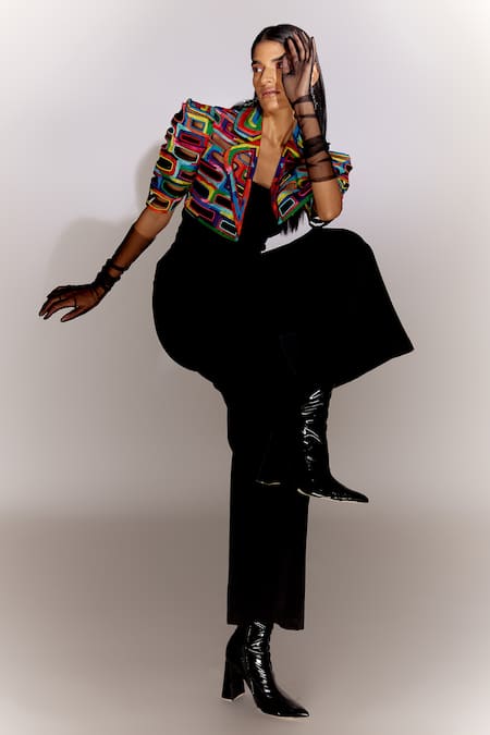 Shop_Mini Sondhi_Multi Color Crepe Beads, Applique Bricks Cut-out Cropped Jacket With Jumpsuit _Online_at_Aza_Fashions