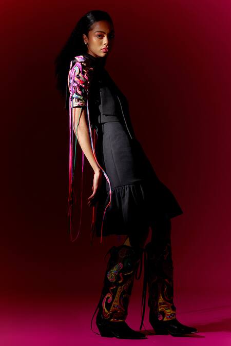 MINI SONDHI_Black Crepe Beads, Applique Bandeau Let Loose Embroidered Jacket With Dress _at_Aza_Fashions