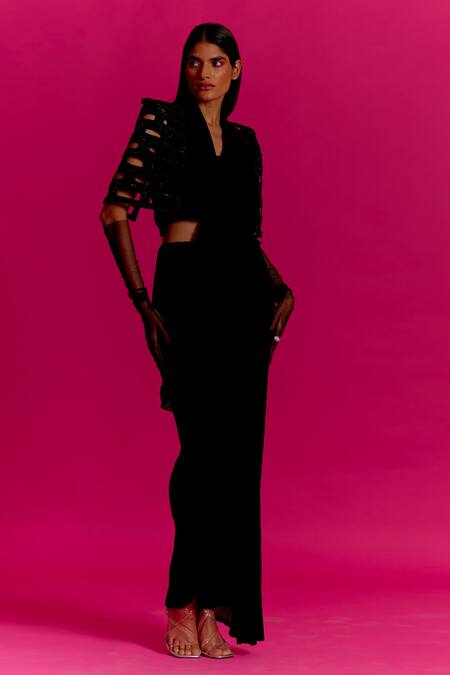 Mini Sondhi Black Crepe Applique, Bricks Cut-out Embroidered Jacket And Trouser Saree Set Online at Aza Fashions Mini Sondhi_Black Crepe Applique, Bricks Cut-out Embroidered Jacket And Trouser Saree Set _Online_at_Aza_Fashions