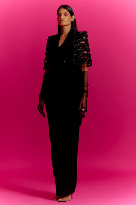 Shop Mini Sondhi Black Crepe Applique, Bricks Cut-out Embroidered Jacket And Trouser Saree Set Online at Aza Fashions Shop_Mini Sondhi_Black Crepe Applique, Bricks Cut-out Embroidered Jacket And Trouser Saree Set _Online_at_Aza_Fashions