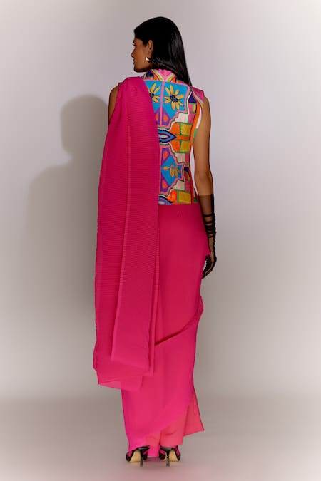 Shop Mini Sondhi Pink Crepe, Georgette, Ramie Beads Collared Fringed Jacket And Trouser Saree Set at Aza Fashions Shop_Mini Sondhi_Pink Crepe, Georgette, Ramie Beads Collared Fringed Jacket And Trouser Saree Set _at_Aza_Fashions