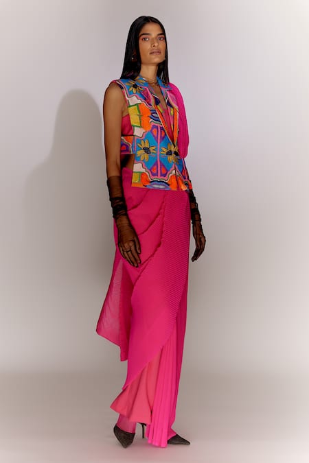 Mini Sondhi Pink Crepe, Georgette, Ramie Beads Collared Fringed Jacket And Trouser Saree Set Online at Aza Fashions Mini Sondhi_Pink Crepe, Georgette, Ramie Beads Collared Fringed Jacket And Trouser Saree Set _Online_at_Aza_Fashions