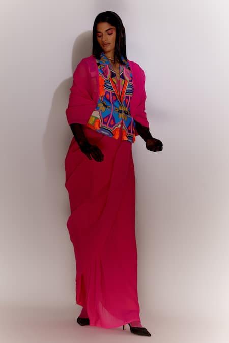 Buy Mini Sondhi Pink Crepe, Georgette, Ramie Beads Collared Fringed Jacket And Trouser Saree Set Online at Aza Fashions Buy_Mini Sondhi_Pink Crepe, Georgette, Ramie Beads Collared Fringed Jacket And Trouser Saree Set _Online_at_Aza_Fashions