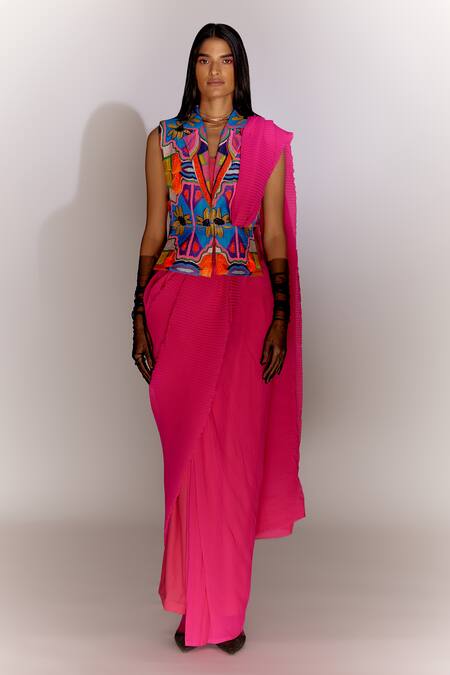 Shop Mini Sondhi Pink Crepe, Georgette, Ramie Beads Collared Fringed Jacket And Trouser Saree Set Online at Aza Fashions Shop_Mini Sondhi_Pink Crepe, Georgette, Ramie Beads Collared Fringed Jacket And Trouser Saree Set _Online_at_Aza_Fashions