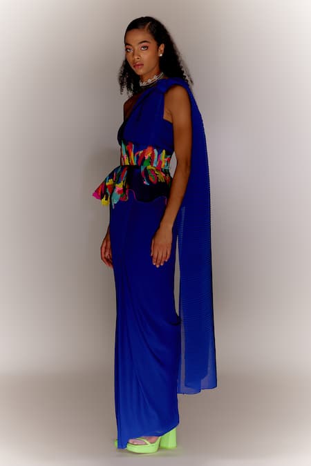 Mini Sondhi Blue Silk, Crepe, Georgette Beads, Paint Stain Trouser Saree Set With Wasp Online at Aza Fashions Mini Sondhi_Blue Silk, Crepe, Georgette Beads, Paint Stain Trouser Saree Set With Wasp _Online_at_Aza_Fashions