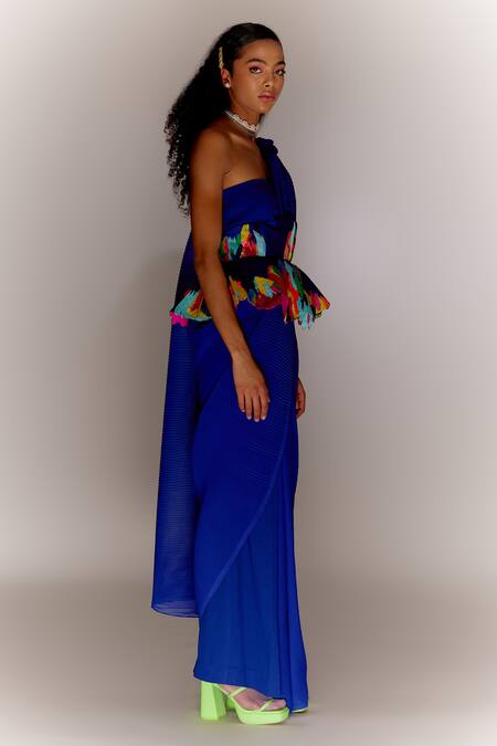 Buy Mini Sondhi Blue Silk, Crepe, Georgette Beads, Paint Stain Trouser Saree Set With Wasp Online at Aza Fashions Buy_Mini Sondhi_Blue Silk, Crepe, Georgette Beads, Paint Stain Trouser Saree Set With Wasp _Online_at_Aza_Fashions