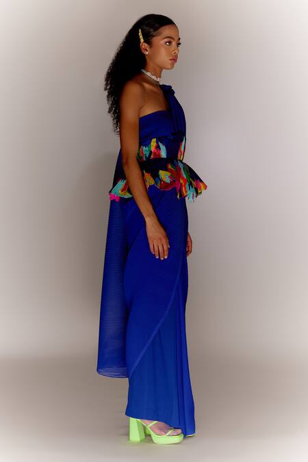 Shop Mini Sondhi Blue Silk, Crepe, Georgette Beads, Paint Stain Trouser Saree Set With Wasp Online at Aza Fashions Shop_Mini Sondhi_Blue Silk, Crepe, Georgette Beads, Paint Stain Trouser Saree Set With Wasp _Online_at_Aza_Fashions