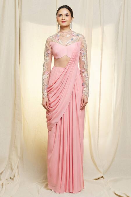 Vivek Patel_Pink Crepe Embroidery High Neck Hand Saree Gown _at_Aza_Fashions