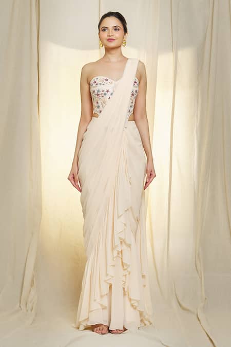 Vivek Patel Ivory Georgette Pearls, Sequins, Embroidery Ruffle Pre-draped Saree With Corset Online at Aza Fashions Vivek Patel_Ivory Georgette Pearls, Sequins, Embroidery Ruffle Pre-draped Saree With Corset _Online_at_Aza_Fashions