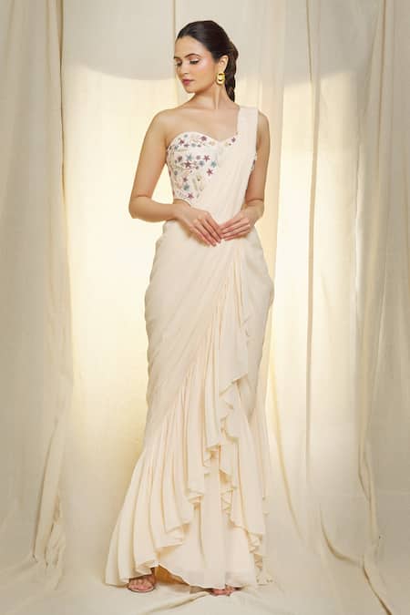 Buy Vivek Patel Ivory Georgette Pearls, Sequins, Embroidery Ruffle Pre-draped Saree With Corset Online at Aza Fashions Buy_Vivek Patel_Ivory Georgette Pearls, Sequins, Embroidery Ruffle Pre-draped Saree With Corset _Online_at_Aza_Fashions