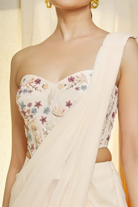 Shop Vivek Patel Ivory Georgette Pearls, Sequins, Embroidery Ruffle Pre-draped Saree With Corset Online at Aza Fashions Shop_Vivek Patel_Ivory Georgette Pearls, Sequins, Embroidery Ruffle Pre-draped Saree With Corset _Online_at_Aza_Fashions