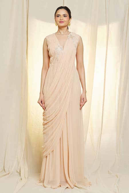Vivek Patel Beige Georgette Beads Open Neck Hand Embroidered Pre-draped Saree Gown Online at Aza Fashions Vivek Patel_Beige Georgette Beads Open Neck Hand Embroidered Pre-draped Saree Gown _Online_at_Aza_Fashions