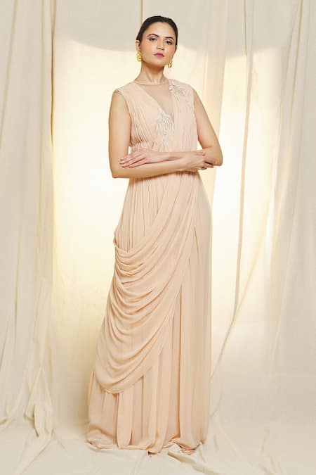 Vivek Patel Beige Georgette Beads Open Neck Hand Embroidered Pre-draped Saree Gown at Aza Fashions Vivek Patel_Beige Georgette Beads Open Neck Hand Embroidered Pre-draped Saree Gown _at_Aza_Fashions