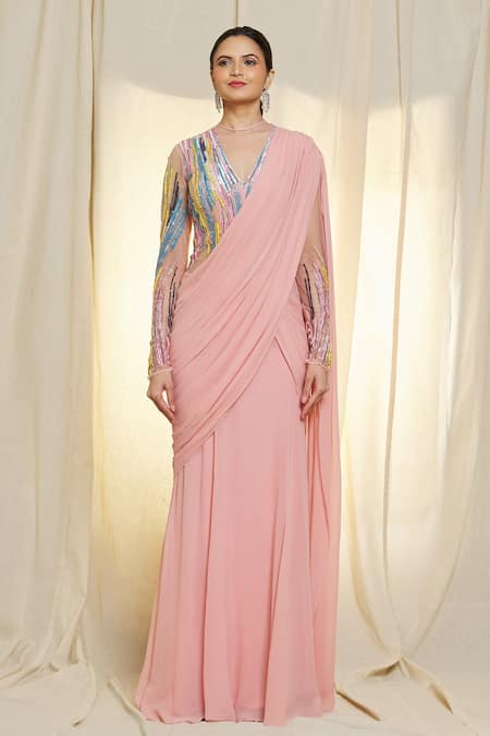 Vivek Patel_Pink Crepe Sequins, Beads V-neck Hand Embroidered Pre-draped Saree Gown _Online_at_Aza_Fashions