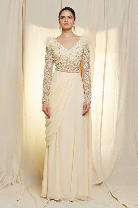 Vivek Patel_Ivory Georgette Beads, Cut Work, Embroidery V-neck Cocktail Hand Saree Gown _at_Aza_Fashions