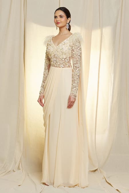 Vivek Patel_Ivory Georgette Beads, Cut Work, Embroidery V-neck Cocktail Hand Saree Gown _Online_at_Aza_Fashions