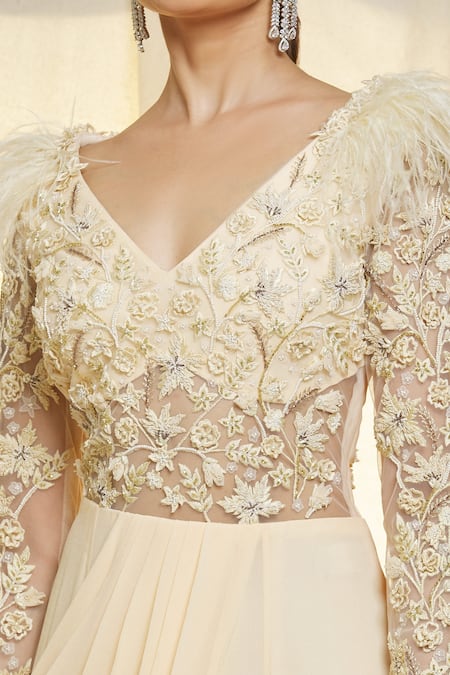 Buy_Vivek Patel_Ivory Georgette Beads, Cut Work, Embroidery V-neck Cocktail Hand Saree Gown _Online_at_Aza_Fashions